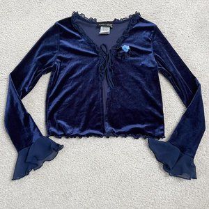 Vintage whimsigoth navy velvet bell sleeve tie up cardigan